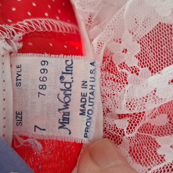 Vintage 80's Mini World Lace & Ruffle Red & White Polka Dot Dress SZ 7 - Picture 4 of 11